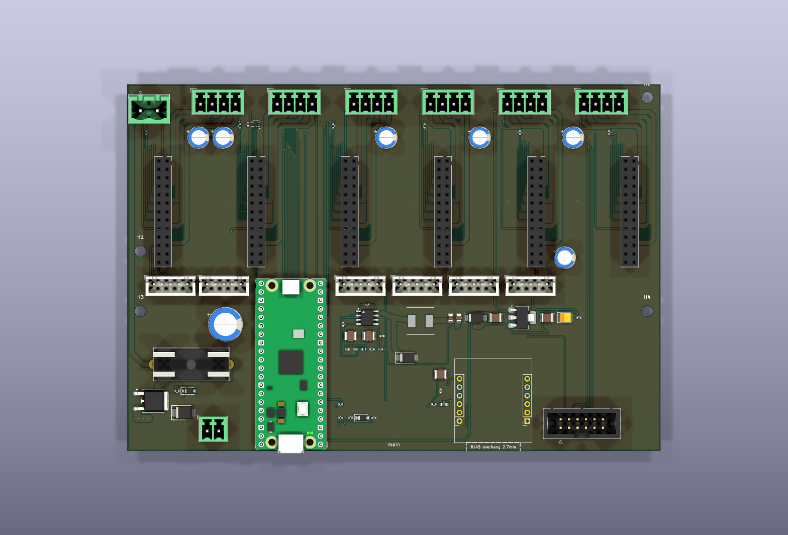 親基板の3Dレンダ。中央にPico 2、上辺に6つのモータ端子、6列のソケット、左下に電源とEthernet、右下にリボンヘッダ