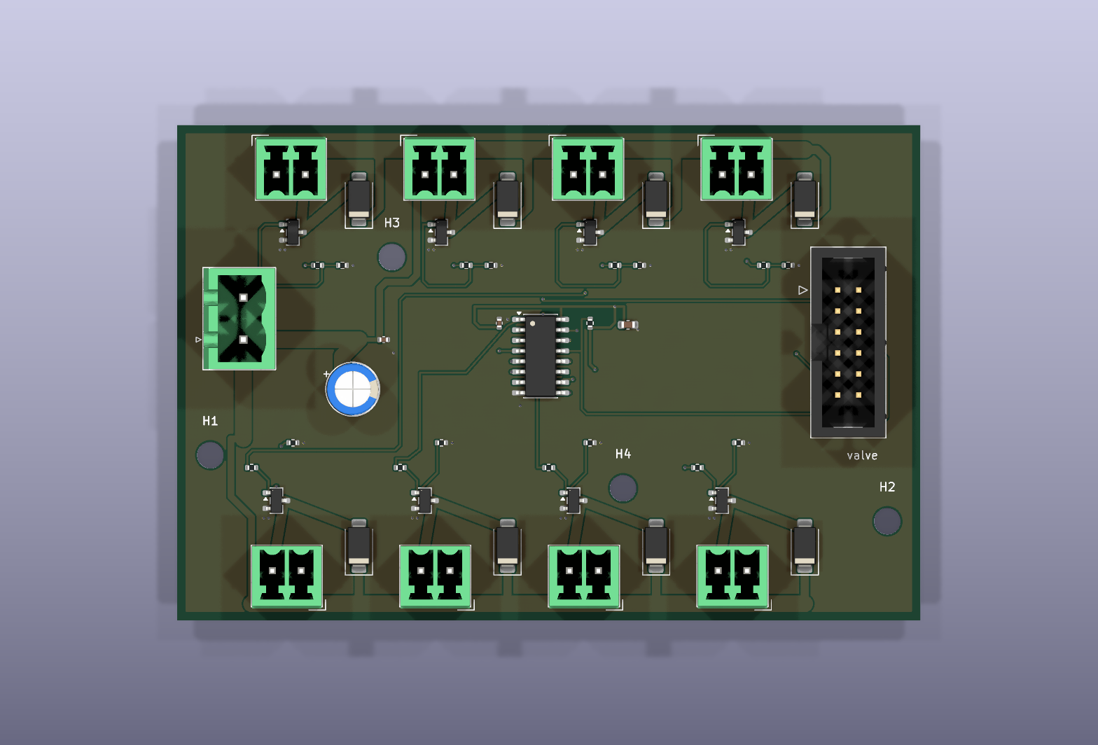 バルブ基板の3Dレンダ。中央にシフトレジスタIC、周囲に8つのMOSFETと還流ダイオード、8つのバルブ端子、右にリボンヘッダ